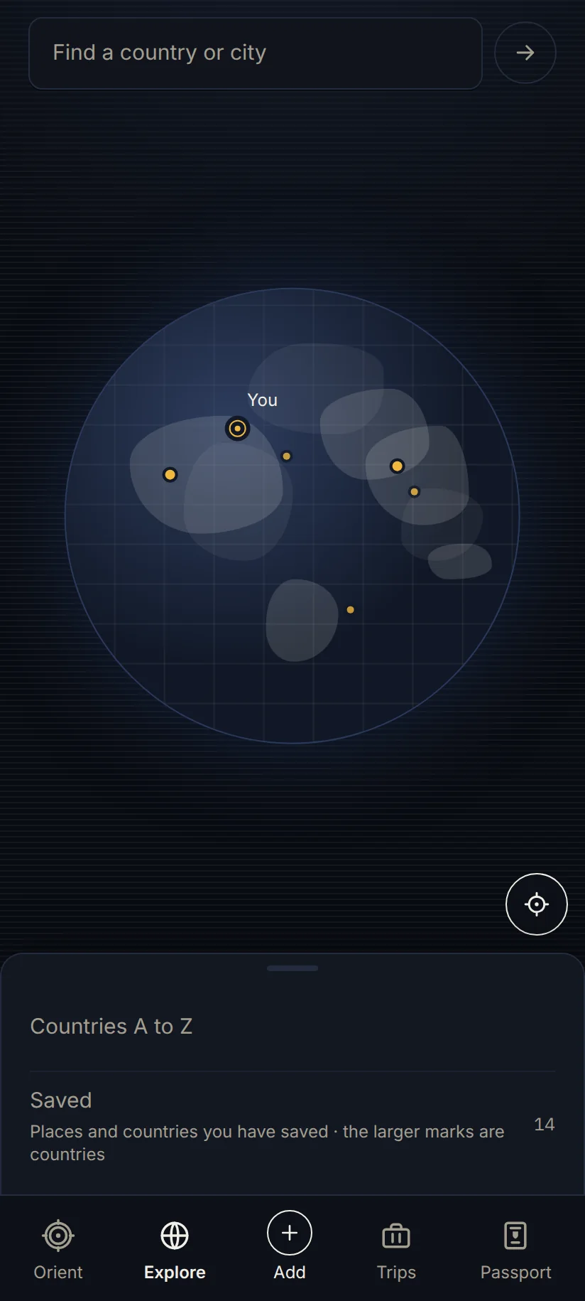 The Explore screen of the Yamine app: a globe with your saved places marked in amber, above a list of countries A to Z