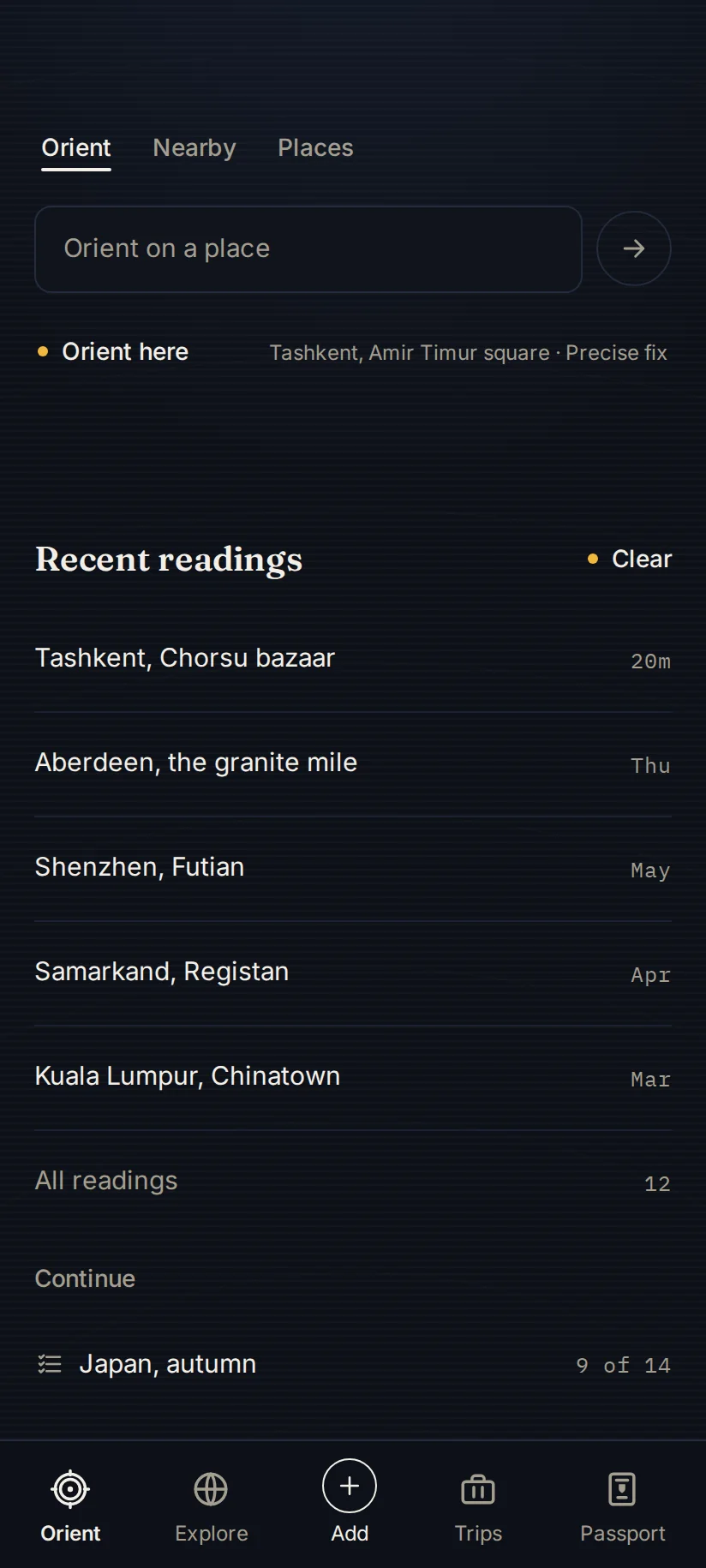 The Orient screen of the Yamine app: an 'Orient here' action with a precise fix in Tashkent, above a history of recent readings